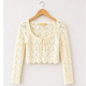 Urban Outfitters Ivory Pointelle Knit Crop Top Long Sleeve Bow SP
